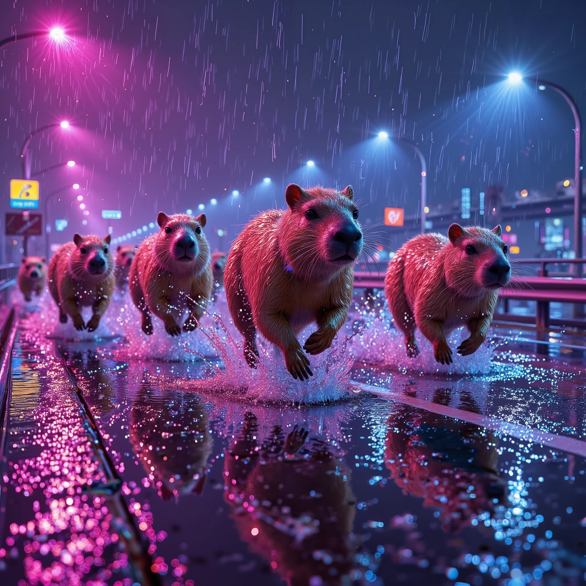 Night light, pink and blue lights , track , racing capybaras run in the rain, pouring rain, raindrops flow down and you can see on the capybaras' fur, puddles on the highway, rain, splashes from the capybaras' feet when running, neon lights, cramped night, very dynamic, capybaras' turns, race, beautiful pastel colors, 8 k, best quality, complex details, maximum number of parts, Masterpiece , ultra details, hyperrealism, clearly , movie style , high quality, bokeh effect