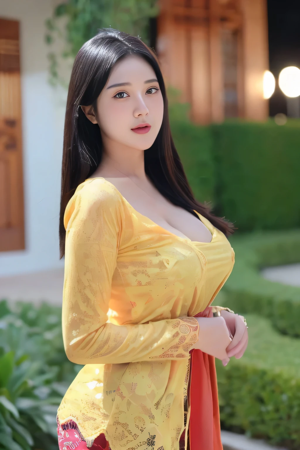 8k, best quality, Medium close-up, (red kebaya )、(luxury kebaya ),(top-quality,masterpiece:1.3,超A high resolution,),(ultra-detailliert,Caustics),(Photorealsitic:1.4,RAW shooting,)Ultra-realistic capture,A highly detailed,high-definition16Kfor human skin, Cute and lovely Korean girl, realistic, ultra detail, photo realistic, Increase quality,
standing in a garden with a scarf, garden, (large breast), (cleavage ), close-up shot, mouth,dark-haired, Messy Updo hair, (depth of fields、chromatic abberation、Wide range of lighting、Natural Shading、)、(Exterior light at night:1.4)、(Hair swaying in the wind:1.2).