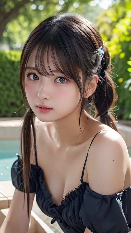 ((Top Quality, 8k, Masterpiece: 1.3)), 1 Girl, Beauty with Slender Abs: 1.3, (Dark Brown Hair, Ponytail), Wet Body: 1.2, Pool, Ultra Detail Face, Detail Eyes, Double Eyelids