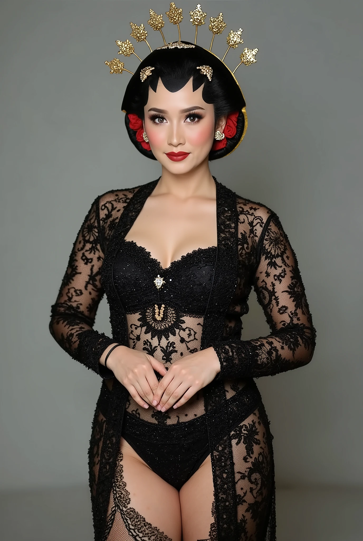 sexy javanese with absolute cleavage and thigh slit wearing glasses showing navel, lacy skimpy panties. c- cup