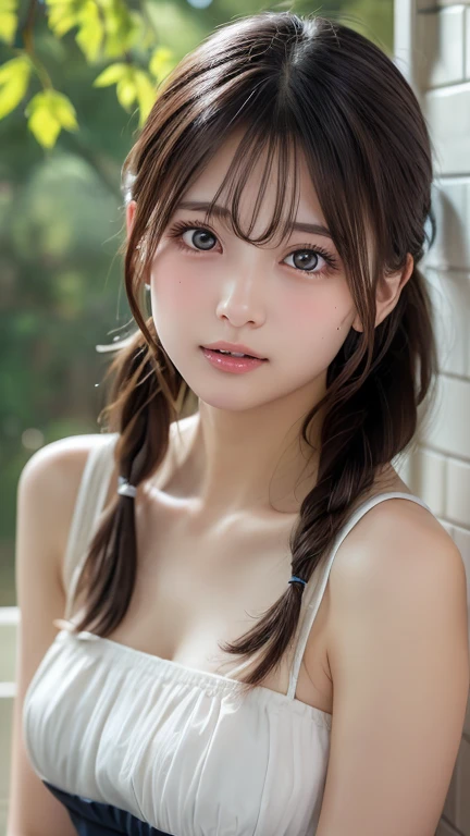 masterpiece, 最high quality, ultra high resolution, (realistic:1.4), detailed beautiful face, fine clothes, amazing european women, wearing a tank top, So cute, Portrait, 肌が柔らかくてperfect face、perfect face, gorgeous long ponytail brown hair, 8K resolution,Super realistic,super detailed,high quality, (small breasts:1.2), wide field of view