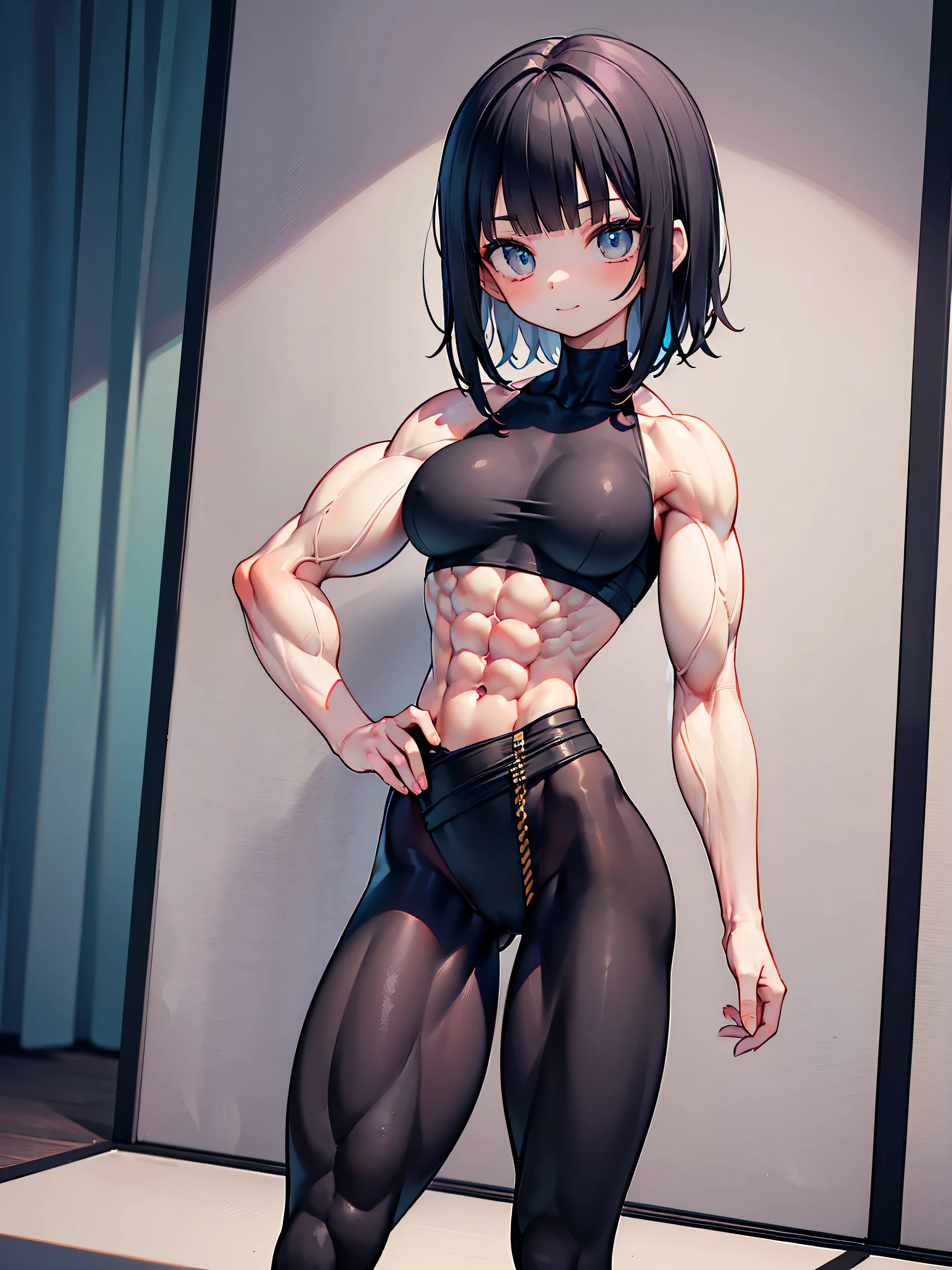 (masterpiece, high quality), 1girl, Caucasian, tomboy, , short red hair, blue eyes, -yeld, wang in a city street, (black panties), white crop top, strong arms, muscular thighs, ripped muscles, six pack abs, muscle arms, muscular, flat chest, hyper detailed, Intricate design, Luminous, 4K, 8K, Cinematic lighting, Contour lighting, bright, soft light