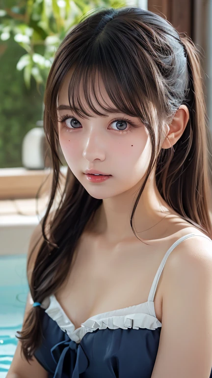 body shot,Outdoor,micro bikini,resort Beach,Ultra-detailed, finely detail, hight resolution, 8K Wallpaper, Perfect dynamic composition, Beautiful detailed eyes,,Close-up of face,,Blushing,Facing forward,Long hair ponytail,((8k, Raw photo, Best Quality, Mastepiece:1.2), (Realism, Photorealistic:1.4), (Highly detailed 8K wallpapers), Depth of written boundary, Cinematic Lighting, Soft Light, Detailed Beauty Eye,Shiny and smooth light brown ponytail, Asymmetrical bangs, Shiny skin, Ultra-detailed skins ,It is high resolution., High detail, Detailed hairstyle, Detailed facial beauty, Hyper-realistic, Perfect limbs, Perfect Anatomy ,1 Japanese girl,Famous Japanese Idols, Perfect female body,A shy smile,Short eyelashes,Double-edged eyelids,Look straight here,Hair style: ponytail,