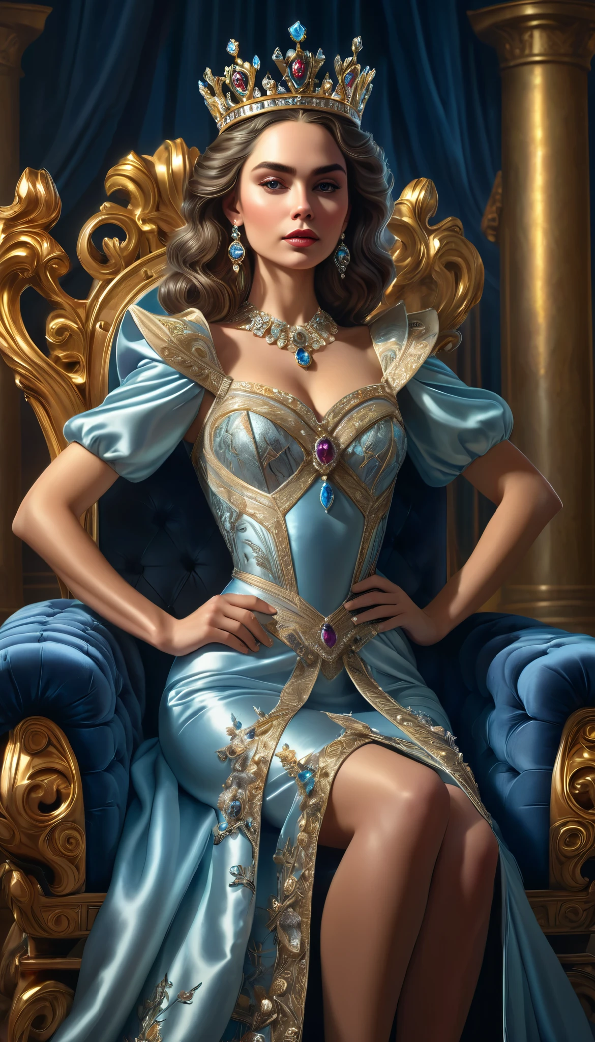 beautiful queen in a gorgeous dress, Holding a short scepter, wearing an elaborate crown, sitting on a precious throne, intricate, Detailed, exquisite throne, highly detailed face, Exquisite facial features, flawless skin, piercing look, elegant posture, bright lighting, dramatic shadows, rich bright colors , cinematic composition, photorealistic, 8 k, HDR, hyperrealistic, oil painting, Masterpiece