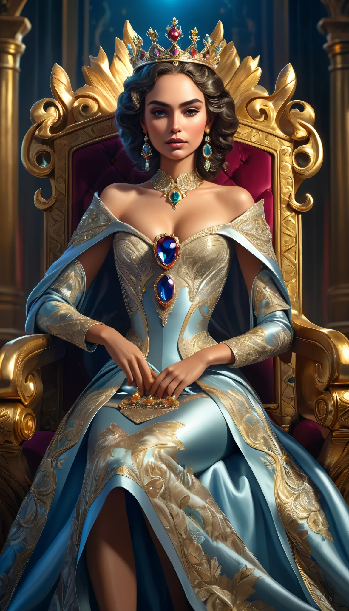 beautiful queen in a gorgeous dress, Holding a short scepter, wearing an elaborate crown, sitting on a precious throne, intricate, Detailed, exquisite throne, highly detailed face, Exquisite facial features, flawless skin, piercing look, elegant posture, bright lighting, dramatic shadows, rich bright colors , cinematic composition, photorealistic, 8 k, HDR, hyperrealistic, oil painting, Masterpiece