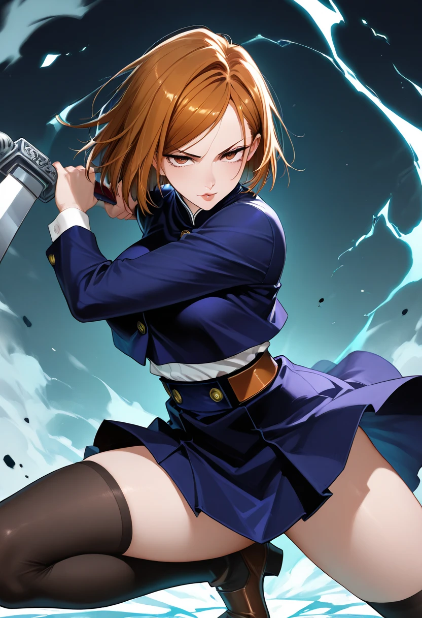 Niō Standing、Put your hands on your hips and open your legs、Taken from below、low angles、(A hyper-realistic), (illustratio), (hight resolution), (8K), (ighly detailed), (The best illustrations), (beatiful detailed eyes), (top-quality), (ultra-detailliert), (masterpiece), (wall-paper), (详细的脸), drooing eyes,ty,Armpit、Orange hair、up chest、独奏,naked woman、 full of sweat, breastsout, (camel's toe)、Half Face、Dark blue school uniform、School run、a miniskirt