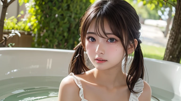 On the table, highest quality, One Girl, (Beautiful girl, Role Playing Game Maker:1.2), (24-years-old:1.2), The clarity of the eyes is very good, (Symmetrical eyes:1.3), Browsing Caution, (hot spring, , Covering the body with steam:1.3), Beautiful breasts, Brown eyes, Parted bangs, Brown Hair、turn around、Back view、Butt、aroused、short twintails、Beautiful back、Open your mouth a little、Cover your chest with your hands、Buttの割れ目