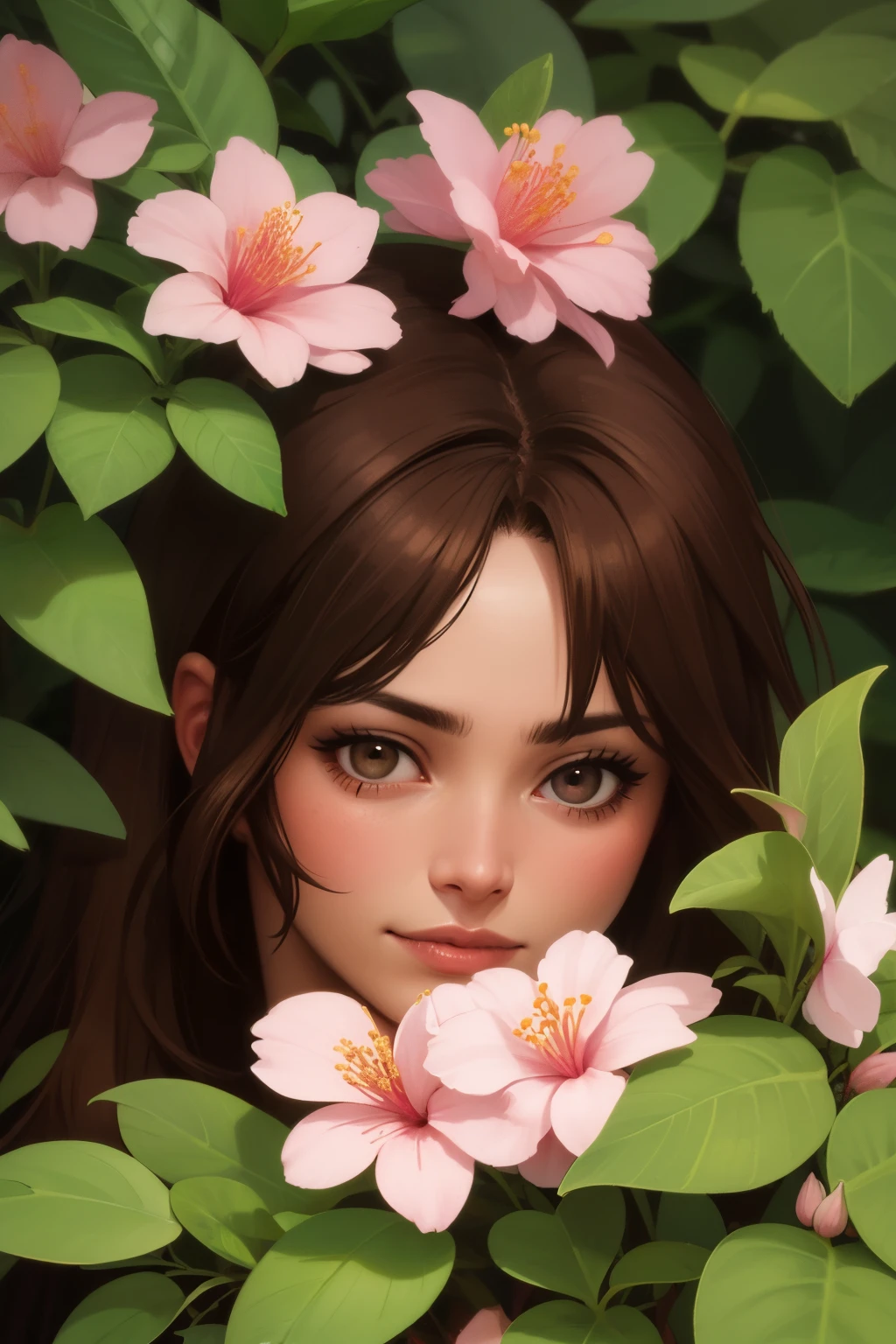 , Highest quality ultra realistic image animated with medium length brown hair, azaleas 