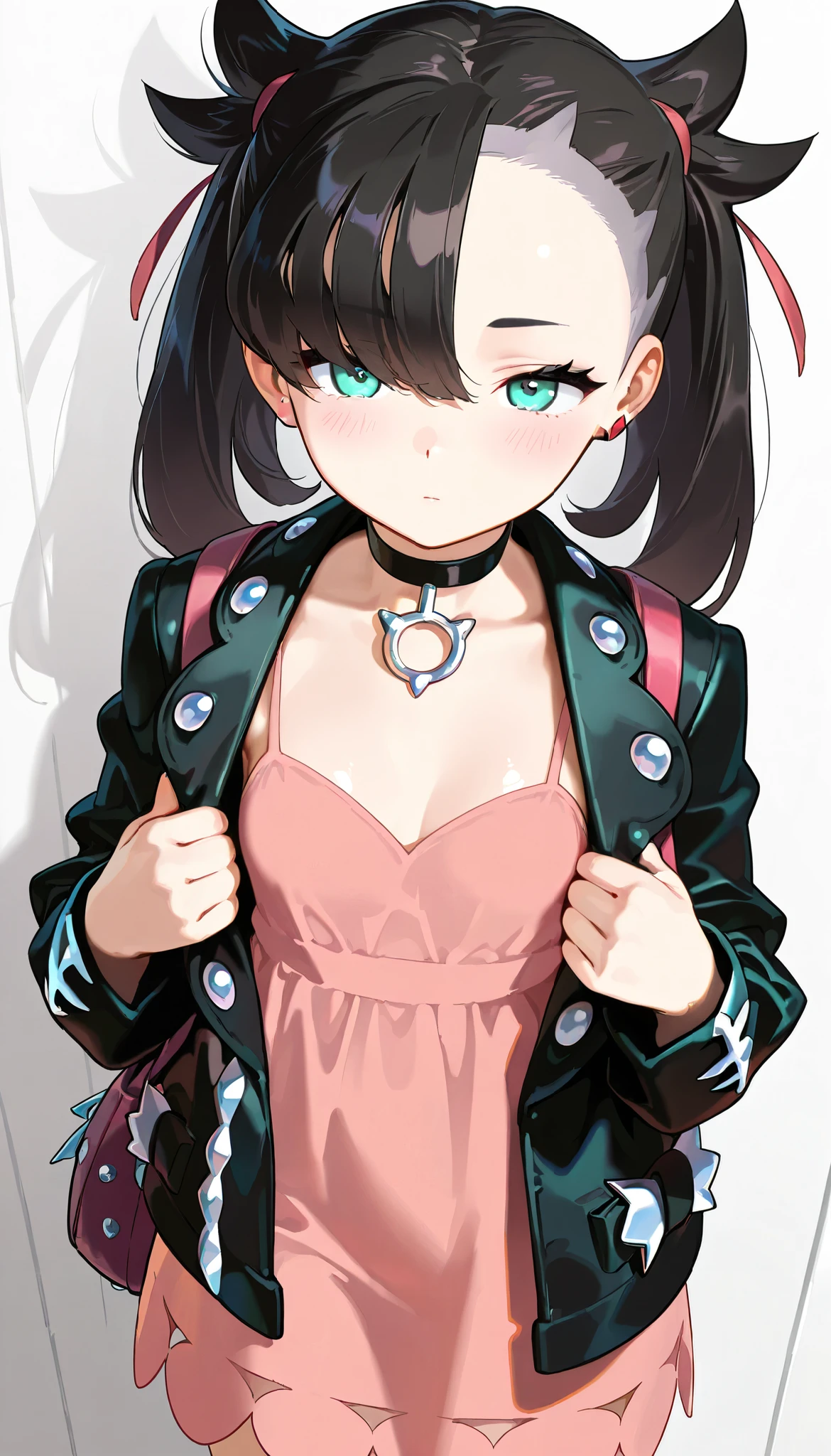 high resolution picture, masterpiece, best quality, amazing quality, solo, 1girl,marnie,expressionless,small breasts,shiny skin,clothes, black choker, black jacket, choker, dress, earrings, jacket, jewelry, long sleeves, open clothes, pink bag, pink dress,blush
