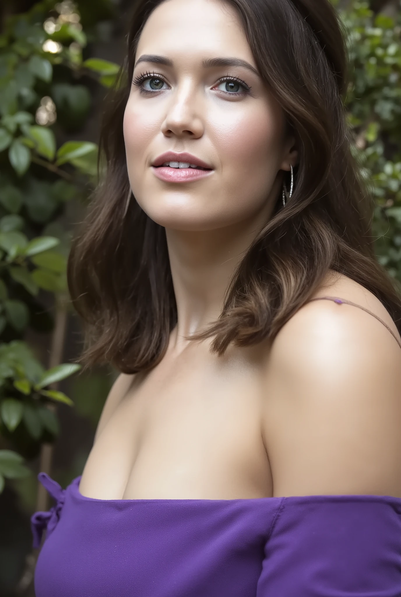 irmntro person, portrait of irmntro person, wearing sexy purple dress, big boobs, perfect tits