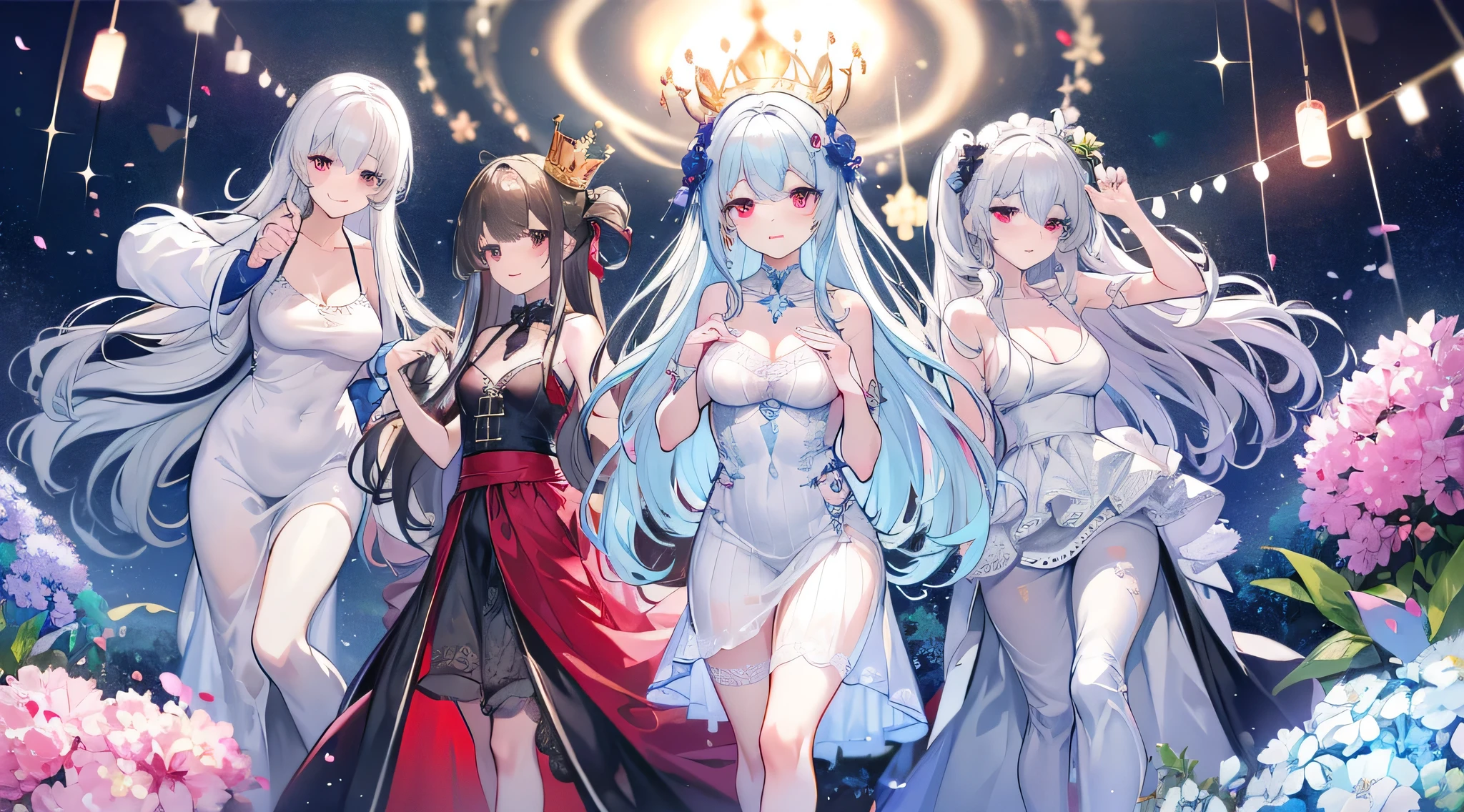 Group of 5 princesses,(6 young women,many young women), (in the bedroom), Various hair styles, harem,(shiny armor, Beautiful crowns and jewelry,crystal filigree jewelry), at night, detailed face, big breasts,Breast curtain, long skirt, mule, Sleeveless , Show your armpits, at night, starry at night,(large areolae:1.4,pink,The nipples are clearly visible....),(Various poses),(no bra), Highest quality、Highest picture quality、Masterpiece