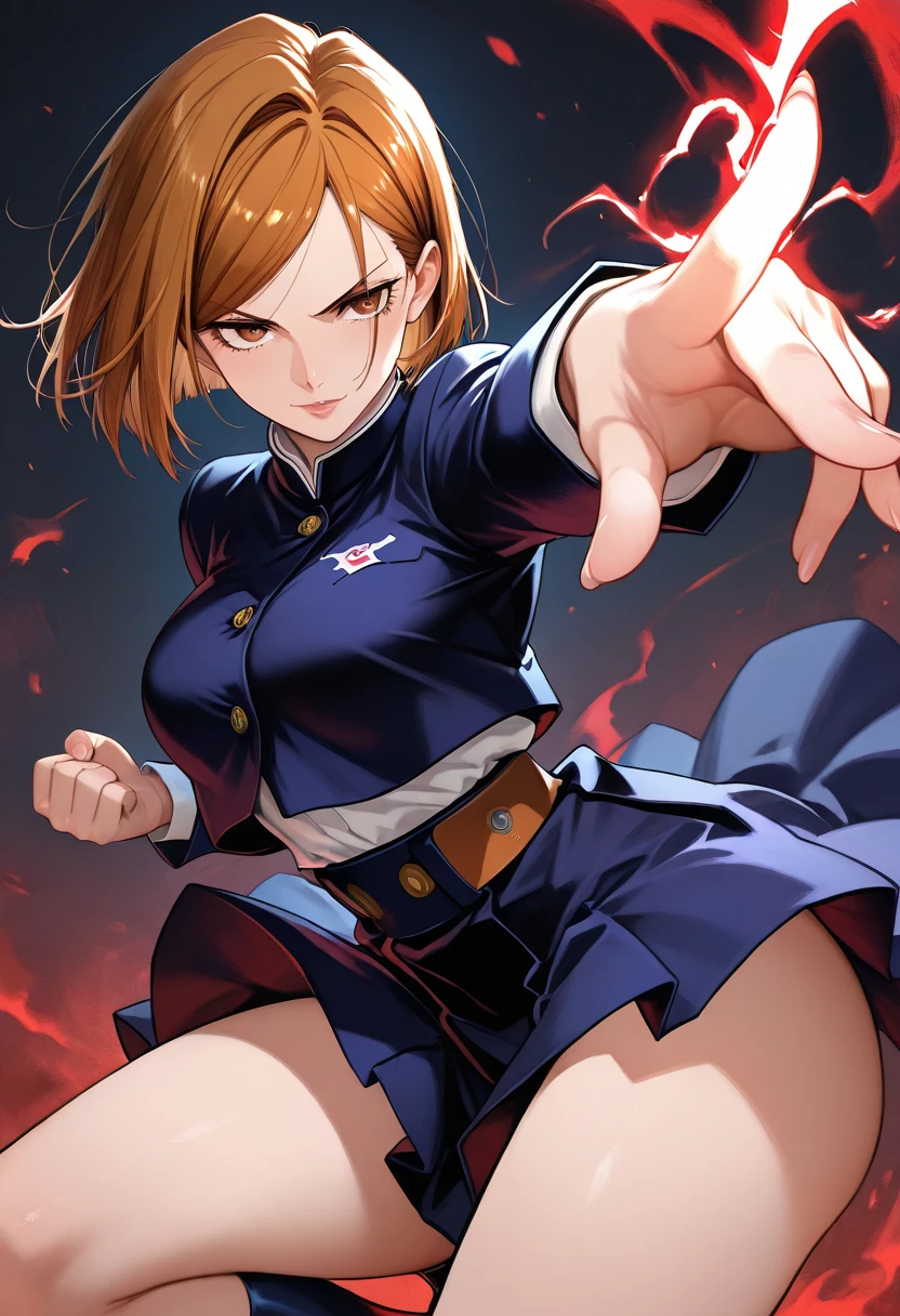 (masterpiece), (best quality), (ultra-detailed), (best illustration), (best shadow), (absurdres), nobarakugisakinova, short hair, orange hair, ((brown eyes)), kugisaki nobara, school uniform, 1girl, solo, jacket, bangs, closed mouth, long sleeves, looking at viewer, (ultra miniskirt,micro panties:1.2),black pantyhose,cameltoe,spread legs,(fighting stance, kung hu pose, kung fu action, dynamic angle, battle:1.2),from below,angry
