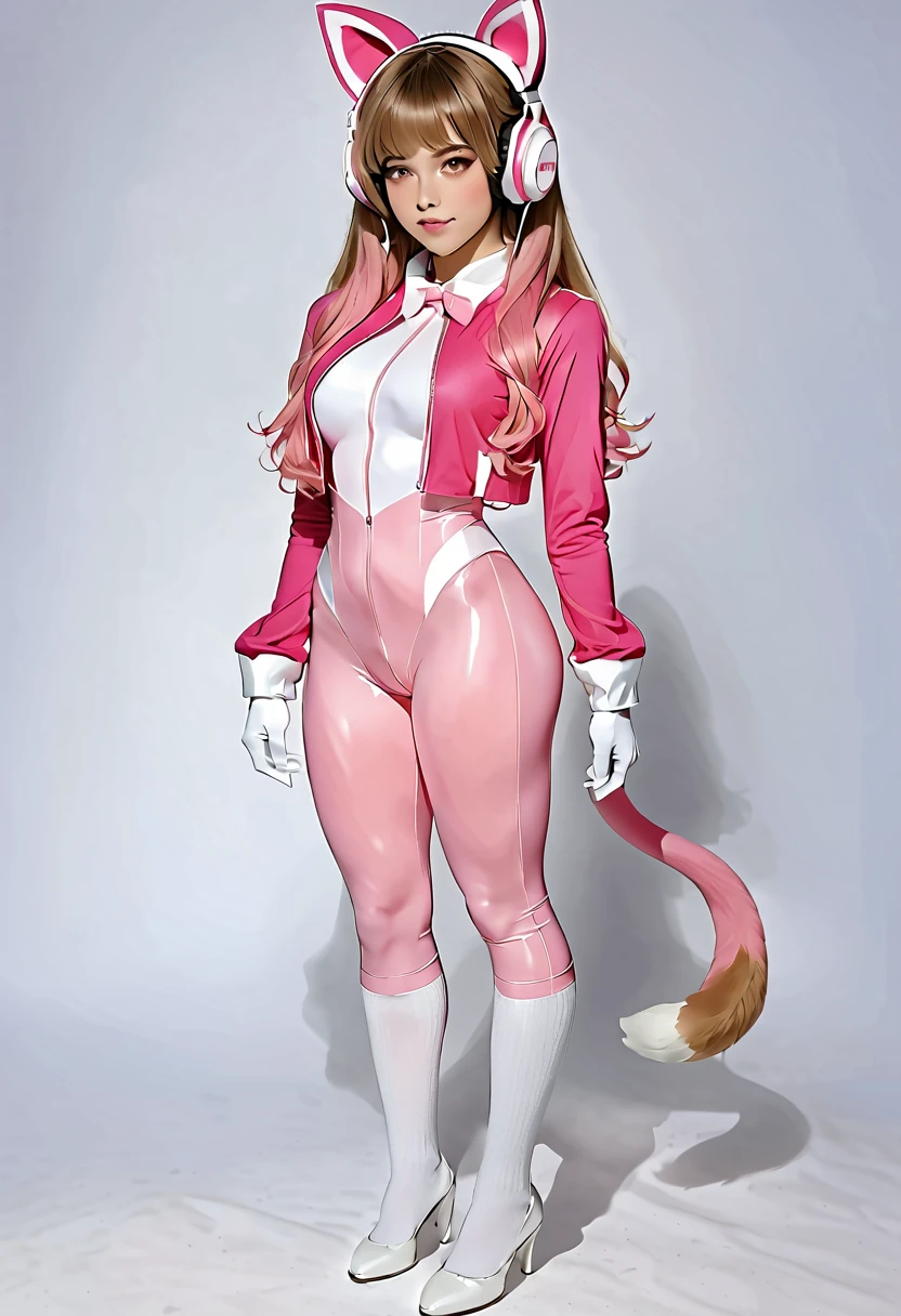 (Ultra best quality, in 8K, masterpiece, delicate illustration), wild woman in the forest, full body pink cat woman style outfit with long, wet, careless pink hairstyle hair, bright light pink thick lips, cat pose in forest, she is dressed in an ultra-realistic pink cat suit.