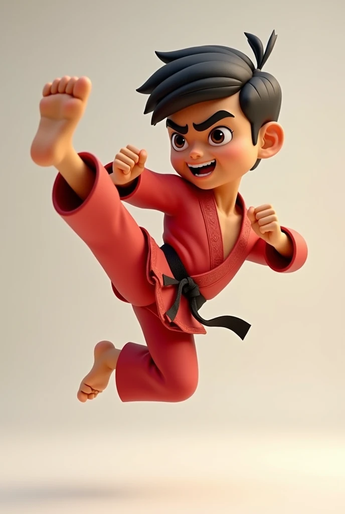 Boy with brown skin tone doing karate with a red belt with small shades of yellow on a mat 
