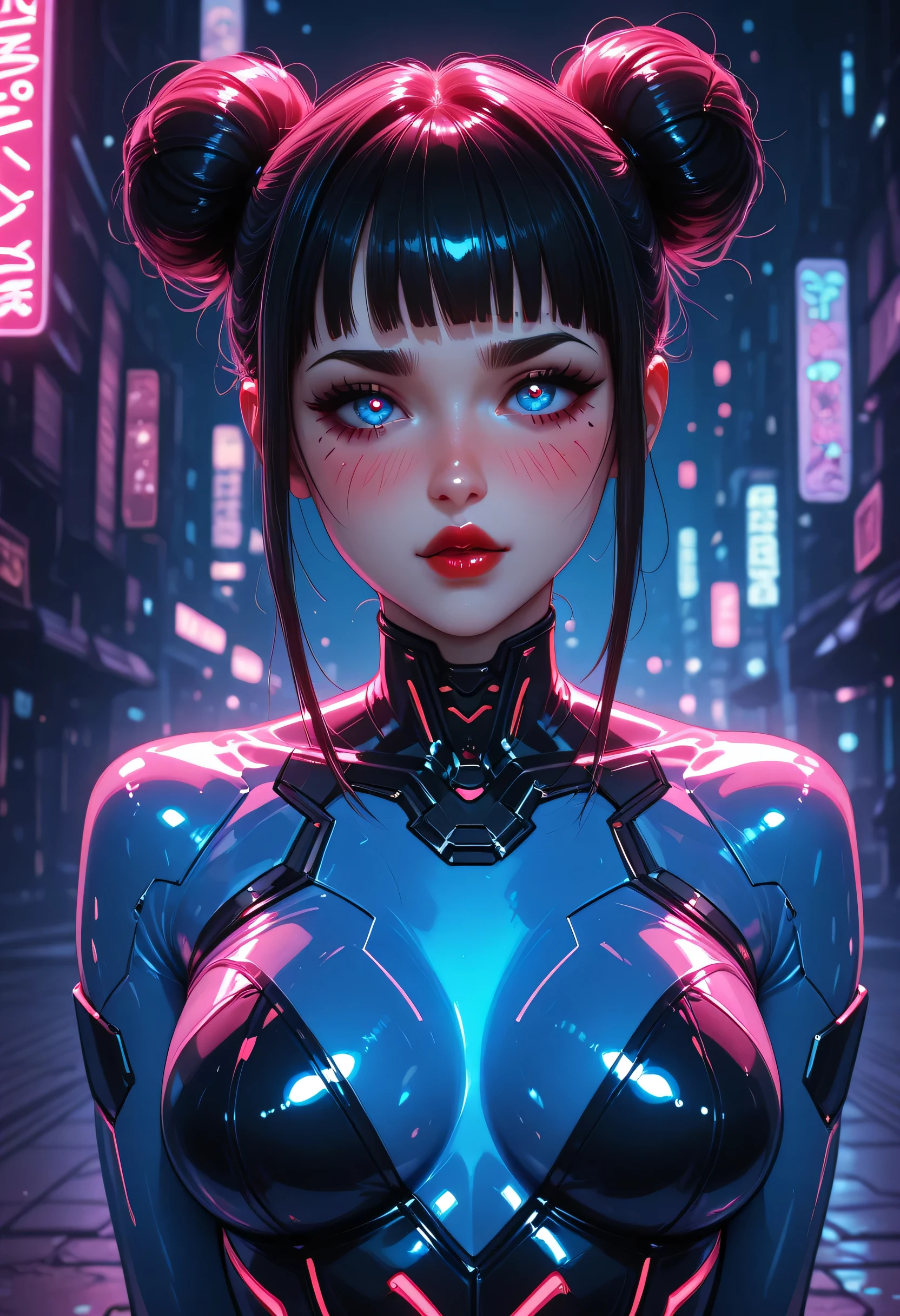 neon light in city, black bun kont top, black thin eyebrows, big glowing blue eyes, pink blush, bright red thick lipstick, perfect face, beautiful woman, medium breasts, (detailed eyes), ((cyberpunk)), neon light bodysuit