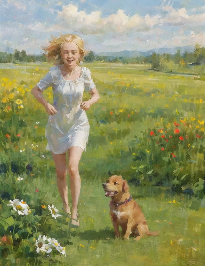 In a field of flowers, under the warm and bright sun, a young girl runs carefree, accompanied by her faithful dog. Her blonde hair flutters in the wind, while her light dress sways with her movements. The dog, a lively golden retriever, runs alongside her, its tail wagging frantically.
The field is a riot of colors, with flowers of every kind blooming lushly. There are white daisies, red poppies, yellow sunflowers, and many other varieties. The air is saturated with sweet and intoxicating scents.
The girl and her dog seem immersed in a world of their own, far from the worries and responsibilities of adult life. They are free to run, play, and enjoy the beauty of nature.
The painting perfectly captures the joy and innocence of hood, a moment of pure happiness that will remain etched in memory forever.