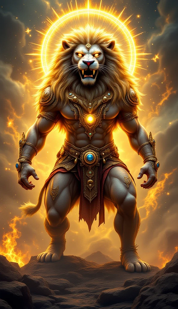 Imagine Narasimha, the lion-headed avatar of the Hindu god Vishnu, as a powerful and awe-inspiring deity embodying both human and animal forms. Narasimha's face is fierce and majestic, with piercing eyes that exude wisdom and strength. His lion-like mane cascades down his back, blending seamlessly with his divine aura. His muscular humanoid body is adorned with ornate jewelry and symbols of divine power, while his lion's claws and teeth are fearsome and sharp. Narasimha's posture exudes confidence and authority, as he stands tall amidst celestial clouds and radiant light, symbolizing his role as a protector and defender of righteousness
