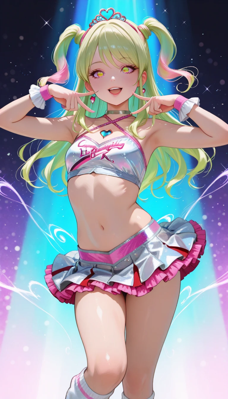1girl, decora, neon colors, rainbow hair with ribbons, detailed 8k background of a playground with rainbow colors and crayola, smiling, teeth showing, pink ribbon ,blonde hair, green eyes, glasses, cute, juicy lips, hour glass body, kawaii eyes, bright eyes, ((blonde hair)), sandy blonde hair, juicy lips, puckered lips, bimbo , full body