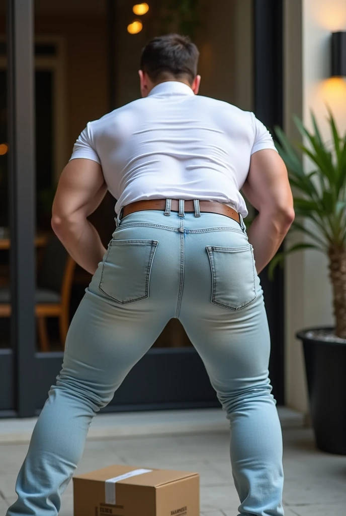 A very muscular highschool freshmen student standing in a street. Extremely tall as the doors. Cute young smiling face. Only one person wearing a henley.