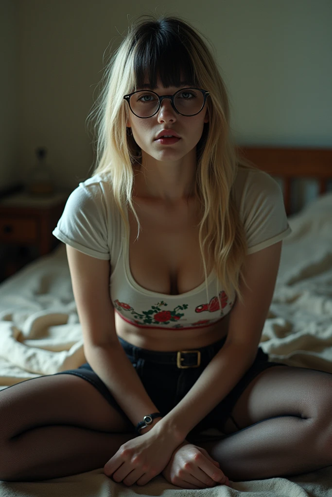 Beautiful and y teele Fanning schoolgirl, delgado, long blonde hair, blue eyes, good background, good background, big red lips, dressed like a whore, small blue plaid short skirt, wearing only lingerie, scared, nice legs, good background, lying in bed with legs open, ultra realistic, Wearing glasses, Wear cropped top, fit, Horse tail, full body image, awesome fit body, seen from above, missionary pose, thick on his face, Cum on e, bukakke, covered in semen, seml over ace, race, race