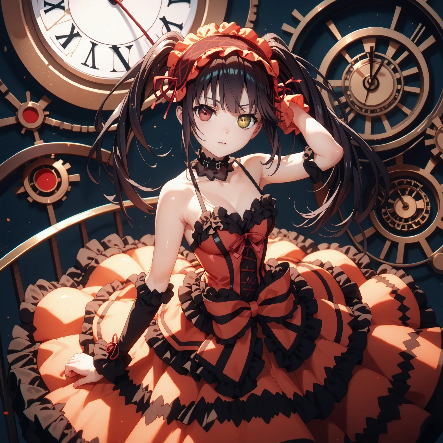kurumi tokisaki, long hair, twintails, heterochromia, yellow eyes, clock eyes ,symbol-shaped pupils, dress, hairband, black thighhighs, Medium chest, glossy skin, glistening skin, looking at viewer, Tempting body,