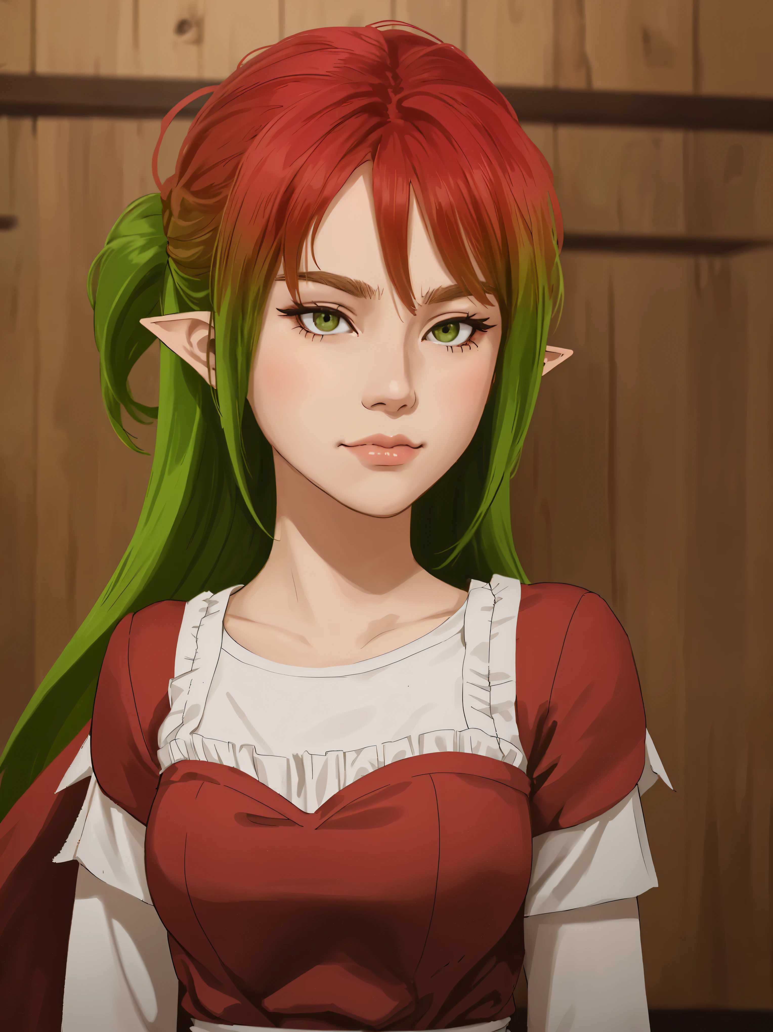 Mawar Kusa Dala, a 16-year-old female with a height of 168 cm, embodies a unique blend of English, Indonesian, and Japanese heritage. Her phenotype reflects a mix of Anglo-Saxon, Deutro Malayid, and Choshiu traits, with distinctive elf-like ears adding to her charm. Her olive-toned skin (Fitzpatrick Type 3) complements her striking red hair and amber eyes, which feature double eyelids and an upturned shape. Her facial features include a concave nasal bridge, a pointed tip, medium-width nose, arched medium-sized eyebrows, and medium-sized Cupid’s bow lips with a slight downturned mouth. Her mesomorph body type is accentuated by a C-cup chest. She wears a simple yet elegant traditional Indonesian red outfit, set against a medieval wooden wall background during a soft, evenly lit morning. The focus is on her upper body, from head to waist, with her eyes directed toward the viewer. Her personality is tsundere: initially cold and dismissive, masking her true caring nature, which reveals itself through awkward yet endearing gestures. Her hairstyle is inspired by Kawasegawa Eiko, and her expression reflects her internal conflict between aloofness and affection. The scene is devoid of modern or anachronistic elements, ensuring a purely medieval atmosphere. elf ear, elf ear, indonesian traditional dress, indonesian traditional dress, tsundere, tsundere, tsundere