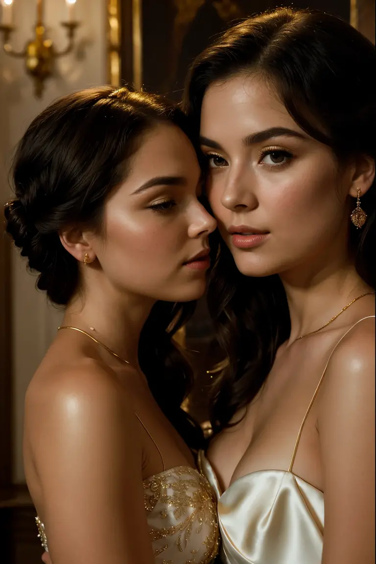 (Best quality, Ultra-detailed, Golden ratio, Masterpiece: 1.2), Romantic black-and-white cinematic photo, Two elegant women, engaging in a passionate kiss, Lovers, Human connection, Soft focus on their lips, Delicate skin texture, (Rosy blush: 0.8), (Goosebumps: 0.6), Classic Hollywood-inspired attire, Vintage dresses, Gloves, Elegant hairdos, Long lashes, Raised eyebrows, Expressive eyes, Emotional intensity, Cinematic lighting, Soft spotlight, Dramatic backdrop, Timeless romance, Emphasis on the moment