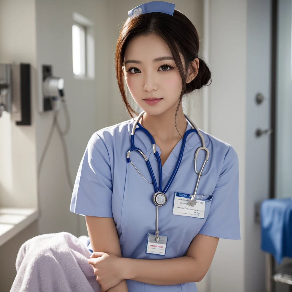 Everyday Scenes、Cowboy Shot、(hospital:1.5)、Female nurse、Modern hairstyle、smile、Big Breastature Woman)、(24-years-old)、((Ultra tight uniform))、Trendy pastel color uniforms、Nurse shoes、Name tag on chest、Stethoscope from the neck、(Black Hair)、highest quality、超A high resolution、(Realistic:1.85)、Beautiful Japanese Eyes、Super Beauty、Perfect Style、Perfect balance、Detailed skin、((Delicate photo)),(Detailed RAW photos of girls), (Tabletop:1.25), (highest quality:1.6), (超A high resolution:1.5), (Realisticです:1.75), 8K resolution, Canon EOS R5, 50mm, Absurd, Very detailed,Cinema Lighting、