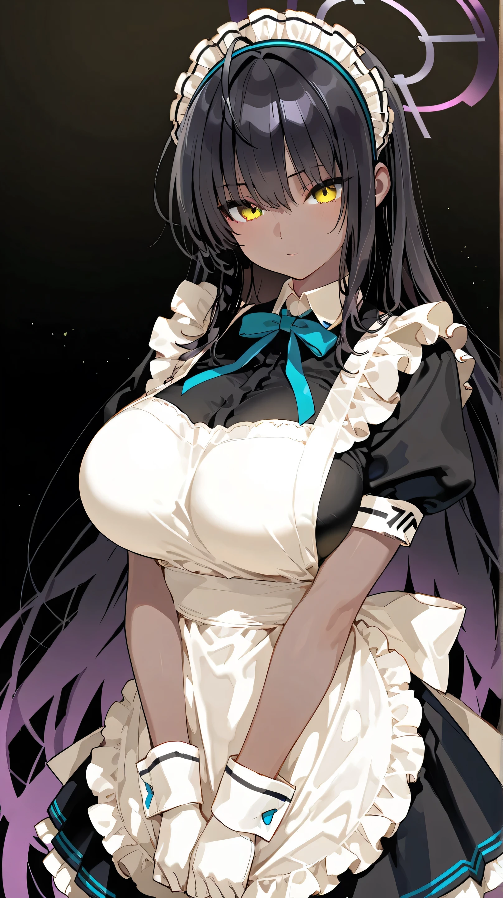 (isade), (1 girl),(Girl1 Loli:1.5),(super sexy mature body of 20 years old),(loli appearance:1.5),(pretty: 1.5), (super hot: 1.5), (dark skin: 2.0), (long dark purple hair and dark purple eyes), (The gigantic breasts with the bust of 387.6cm in length:1.5), (Height 1.52),(beautiful young woman),(super beautiful 18 year old teenager),( wearing),+,(\dressed as a maid, and maid clothes and super revealing on the back, I lowered the short skirt a lot, showing my legs, and a little of my panties, and the part of the apron at the back of the skirt is very low, showing her delicious buttocks, and over the maid uniform it looks like a very short and sensual bra, and she has a big ass and super big breasts, she is super busty and has very big buttocks)/