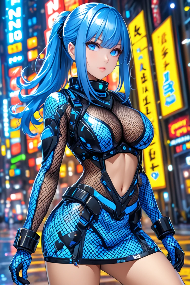 best quality, super fine, 16k, incredibly absurdres, extremely detailed, delicate and dynamic, beautiful female warrior, rainbow braided ponytail, cool and attractive look, metallic red eyes, amazing proportions, translucent iridescent reinforced bodysuit, future punk, background ruined city