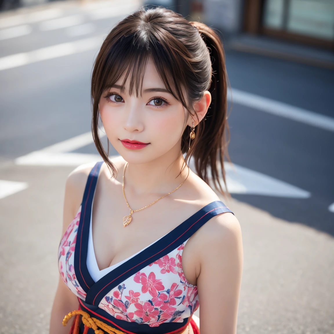 (8K、Raw photography、top-quality、​masterpiece:1.2)、(realisitic、Photorealsitic:1.37)、ultra-detailliert、超A high resolution、女の子1人、see the beholder、beautifull detailed face、A smile、Constriction、(Slim waist) :1.3)、Beautiful detailed skin、Skin Texture、Floating hair、Professional Lighting、Whole human body、short-cut、Braided hairstyle、Bob Hair、Happy smile、sixteen years old、Red ribbons、a baby face、Childish smile、Suppin、Moisturizing lips、light pink lip braid hairstyle、White and blue striped underwear、Micro size underwear、Navel Ejection、F Cup Breasts、cleavage of the breast、japanese kimono、cleavage of the breast、