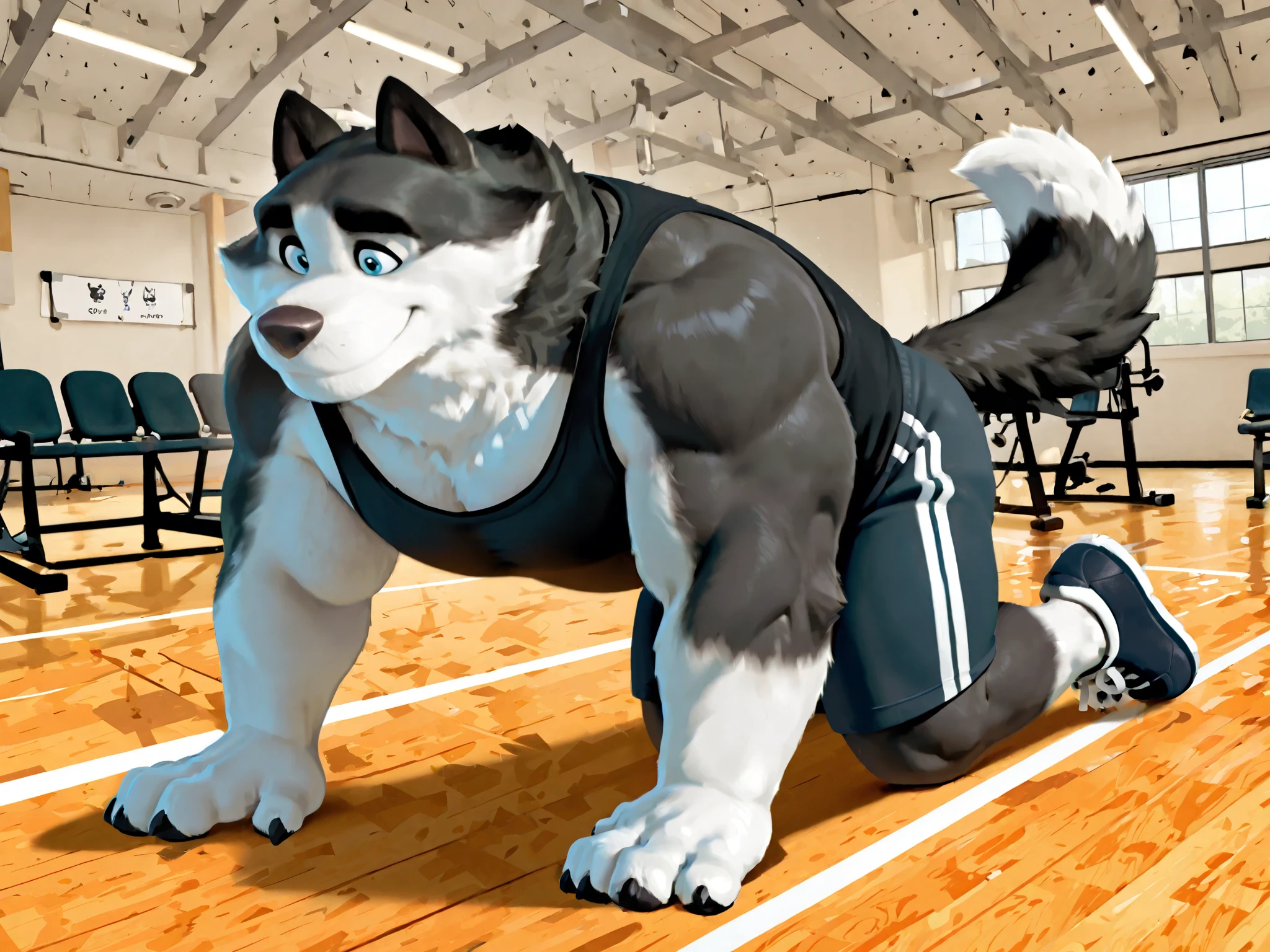 Duke (Arctic Dogs), anthro dog, black fur, white fur, male, blue eyes, high quality, full body, focus training, solo, gym background, thick arms, muscular, black tank top, dark gray gym shorts, gym shoes, 40 pushups, working out,