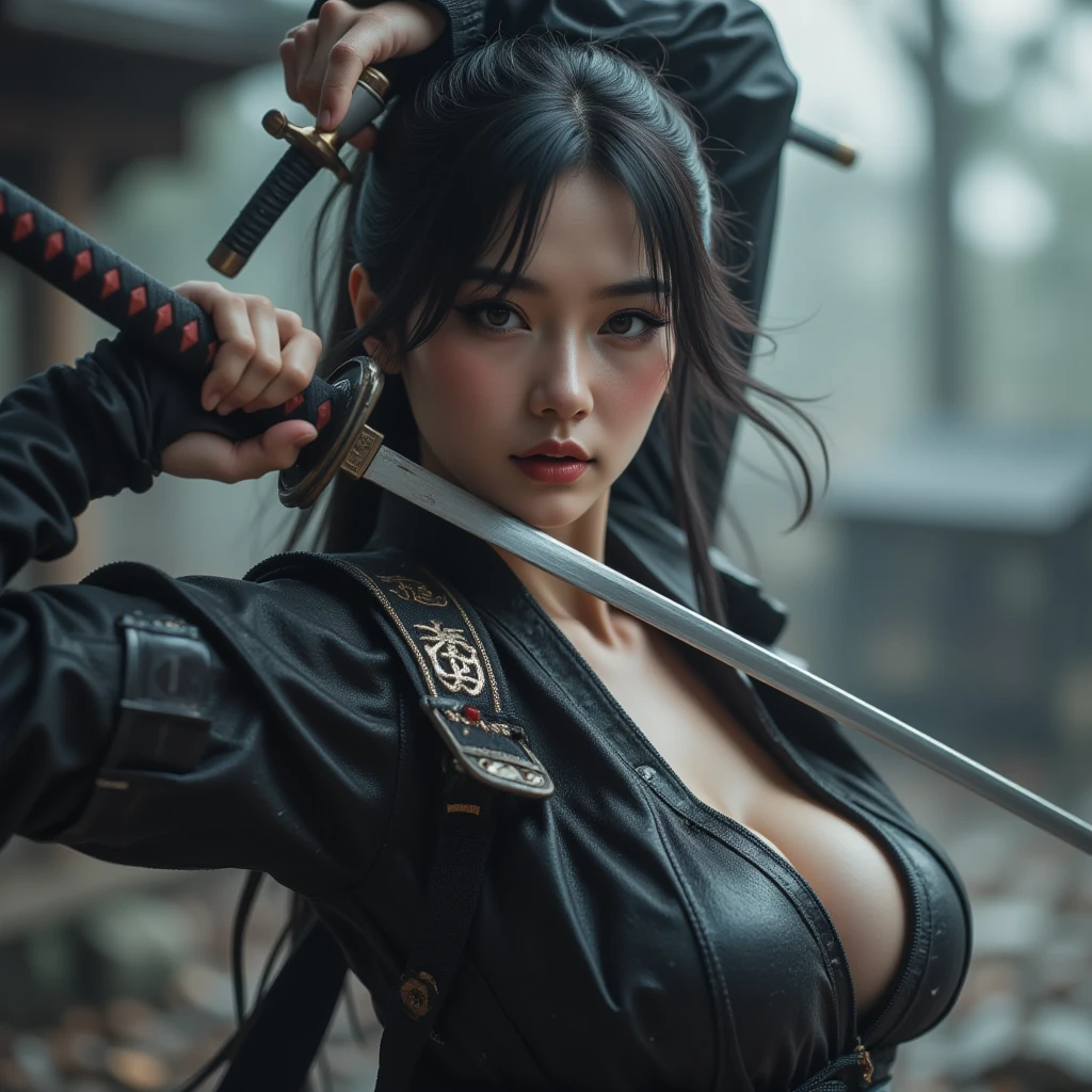 masutepiece, Best Quality, Official art, Unified 8K Wallpaper, girl with, Big breasts, Tight T-shirt, Delicate facial features, Ultra-realistic, Hyper-realistic, 鎖骨、maikurobikini、Navel、Armpit、((Female ninja)),Kunoichi Ninja、Throw shurikens、Japan holding a sword、Mystical expression、shrine background、Old Town of Japan、