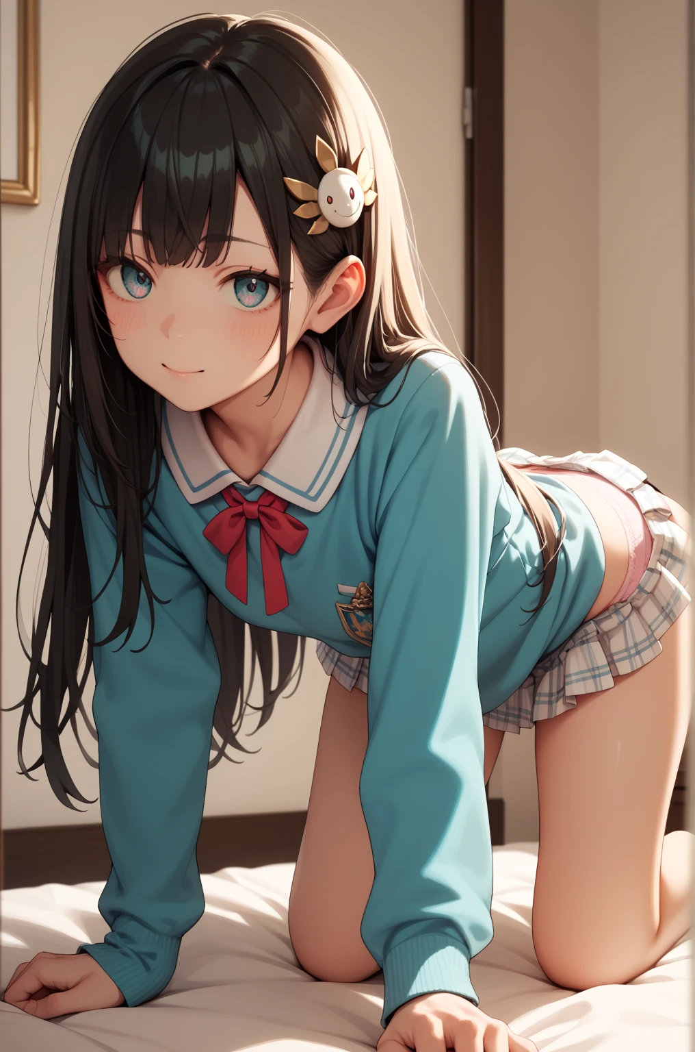 (​masterpiece、top-quality、hight resolution、photos realistic、real looking skin:1.1)、Japan girls 、full bodyesbian、Beautiful eyes、Shining eyes、embarrassed from、short twintails、(Collared shirt with short sleeves、pleatedskirt、bow ribbon:1.1)、(Fully exposed panties:1.5)、(Dark blue high socks:1.5)、(M-shaped legs:1.5)、(arms behind back:1.5)、On the bed in the bedroom、(linen child panties:1.5)、nsfw