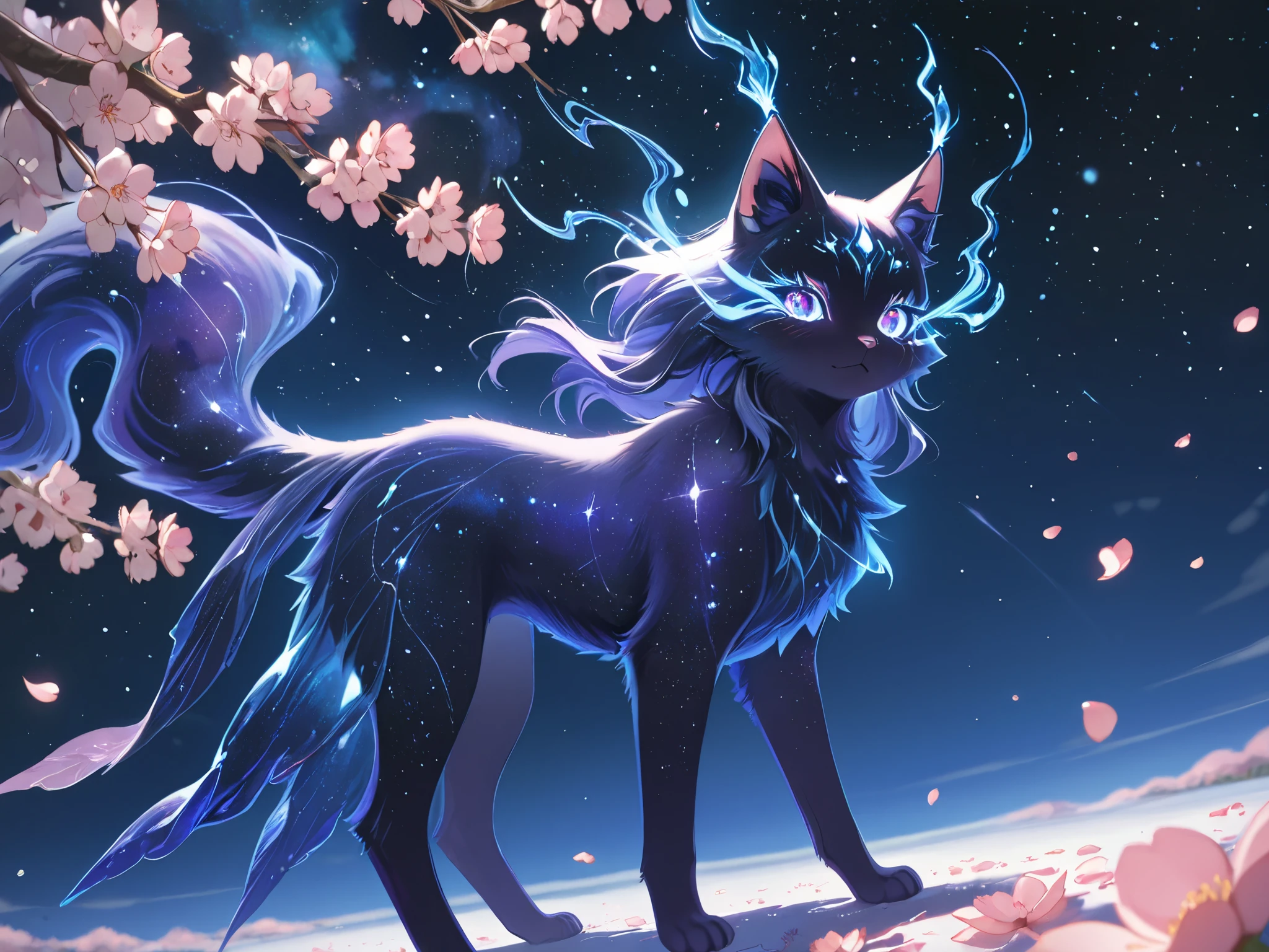 A majestic crystalline structure set against the backdrop of a vast, cosmic landscape, seamlessly blending elements of spring and space. A mystical cat with luminous eyes sits poised beside the crystal, bathed in a soft, ethereal glow. Cherry blossom petals gently float in the air, adding a touch of delicate pink amidst the deep blues of the universe. The scene captures a serene and enchanting atmosphere, with light and shadow enhancing the sparkling visual of both the crystal and the cat. High resolution 8k, creating depth and allure.