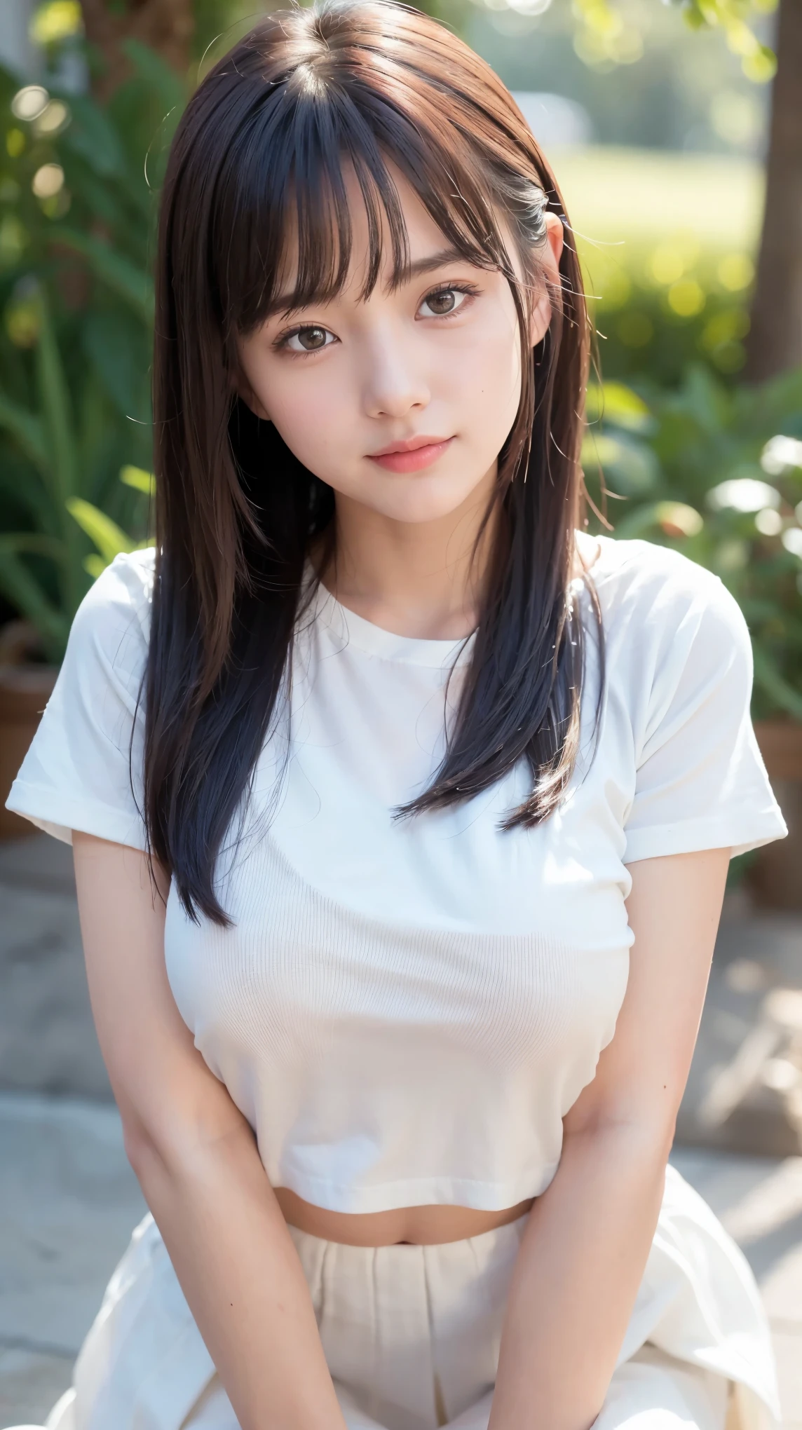 ((highest quality)), ((masterpiece)), (detailed), 8K,Realistic、High definition、high resolution、Real、((Two Girls))、c cup breasts、Japanese、Outdoor、blue sky、Are standing、smile、A good friend、21 years old、Heavy makeup、Very black hair、Straight long hairstyle、Shiny Hair、Glowing Skin、Cute short sleeve shirt、Black clothes、Black trousers、Black tight pants、Looking up、Bending over and peering in、Strong contrast、Big Eyes
