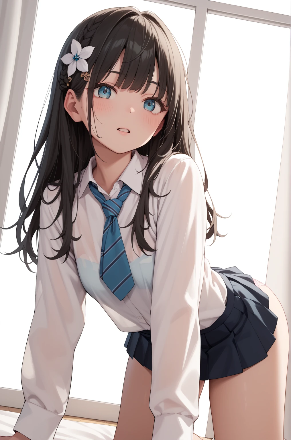top-quality、Full limbs、complete fingers、Slender beauty、ssmile、Wearing a school swimsuit、She is wearing a white blouse with open buttons.、Wear knee-high socks、darkened room、Lean forward and look at me、Put your hands on your buttocks、Raking up your hair