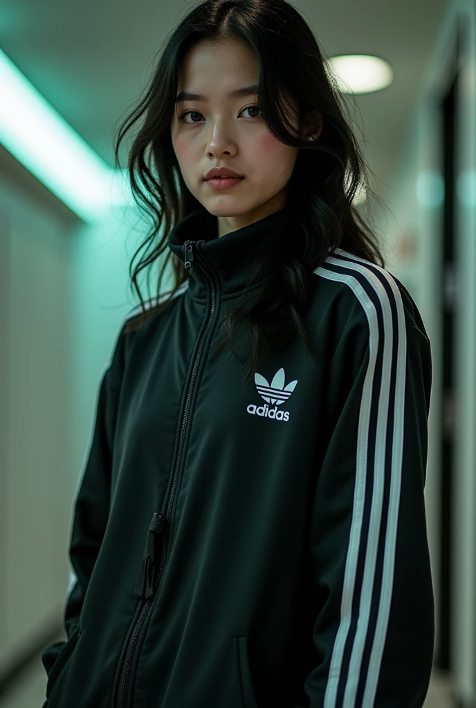 (highest quality:1.2), masterpiece,
(very cute:1.3), alone, Are standing, View your viewers, Very detailed、masterpiece、highest quality、Ultra-high resolution energy A、8K High Resolution、Photogenic transparency、Detailed eyes、Gradation、Perfect anatomical figure , Nikon Z9 80mm Lens, Beautiful posture、yes、Browsing Caution、Thin eyebrows、Detailed eyes、Detailed nose、Mouth Details、Fine ears、Golden ratio face、(Curvaceous)、(Ideal ratio)、High definition eyes and feet、Long neck、eyelash、(Black Hair、Blunt bangs, Long Hair, , The forehead is hidden by the bangs:1.4)、(Big Breasts、Accentuate your breasts:1.7)、(smile、Pink Lips、plump lower lip:1.4)、(Navy blue Adidas tracksuit:1.4)