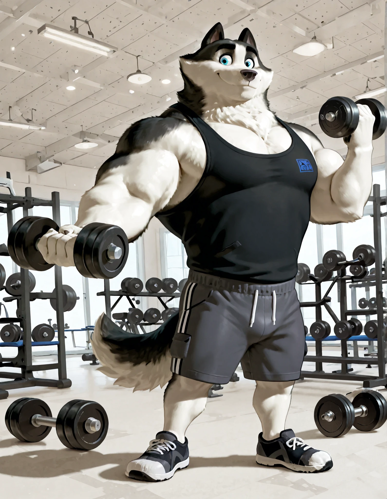 Duke (Arctic Dogs), anthro dog, black fur, white fur, male, blue eyes, high quality, full body, focus pumping, solo, gym background, thick arms, muscular, black tank top, dark gray gym shorts, gym shoes, dumbbells, working out,