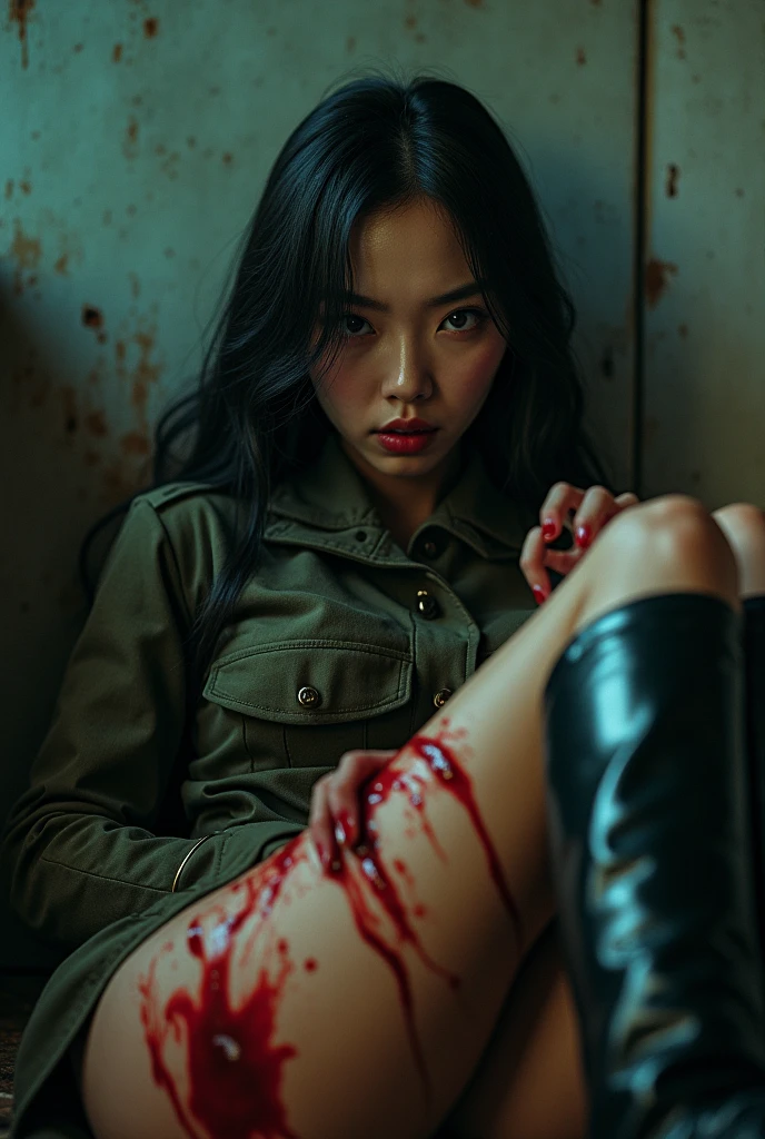 1 young thin woman beaten with blood,wounds and bruises on the body,dirty, long, disheveled, dirty hair, tied at forearms and ankles by large chains to the walls of the dark basement,Slavery, (perfect hands,perfect fingers), walls with great multicolored texture and shadows,great darkness, low light, dirty face with blood bruises and terrified