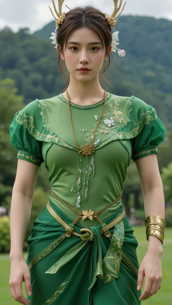 240710B. Masterpiece. A hyper realistic image of Claire. Beautiful woman. ((Perfect body)). Sexy. Slim. ((Solo)). ((Bulbasaur. In the Indoor space filled with plants and soft natural light. Standing gracefully among plants, dress flowing around her. Green mini dress with vine patterns and a flowing cape. Sheer green stockings. Hairstyle: Braided crown with green flowers. Makeup: Soft green eyeshadow, natural lips. Leaf-shaped earrings.)). ((Show trimmed vulva)). ((Divine features, oval face)). Graceful presence. (Captivating and perfect grey eyes). (Silky ginger hair). Rosy tint complexion. Captivating smile with enchanting lips. Slender figure. ((Perfect hands)). Sense of style with alluring charm. Effortless elegance, sophisticated. ((High fashion image)). (((((Cowboy shot))))).
