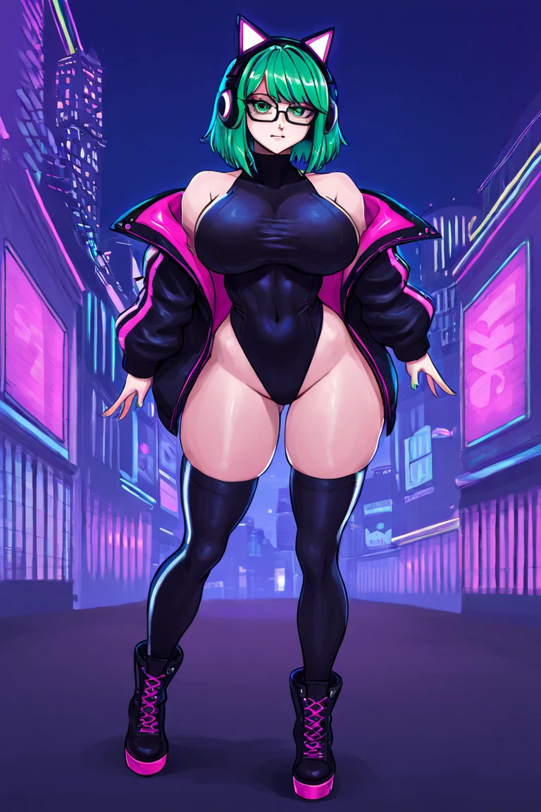 wide hips)), (huge thighs, very big thighs), big breast, young girl, Pullover, whole body to see, curly short hair, big thighs, very big breast, platform heels , thin waist, fullbody, standing, front pose, yellow high cut leotard, sleveless, shoulderless, stockings, fishnets stockings, cyberpunk,