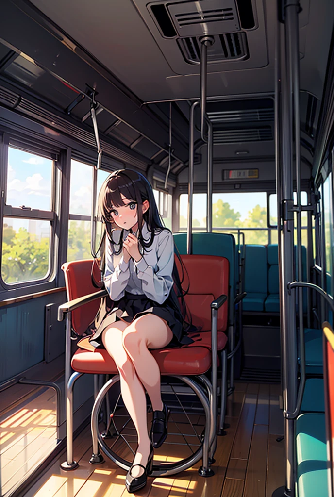 (masterpiece, best quality, 8k, RAW photo, beautiful and aesthetic:1.2), complex detail, Indirect light, photorealistic, full body, (sitting in train, black seats) Bohemian paisley circle skirt in earthy brown with a button-front closure, women , sitting chair , under skirt, thighhighs, underwear, (panties visible), pantyshot, glowing, closed eyes, sleeping, parted_lips