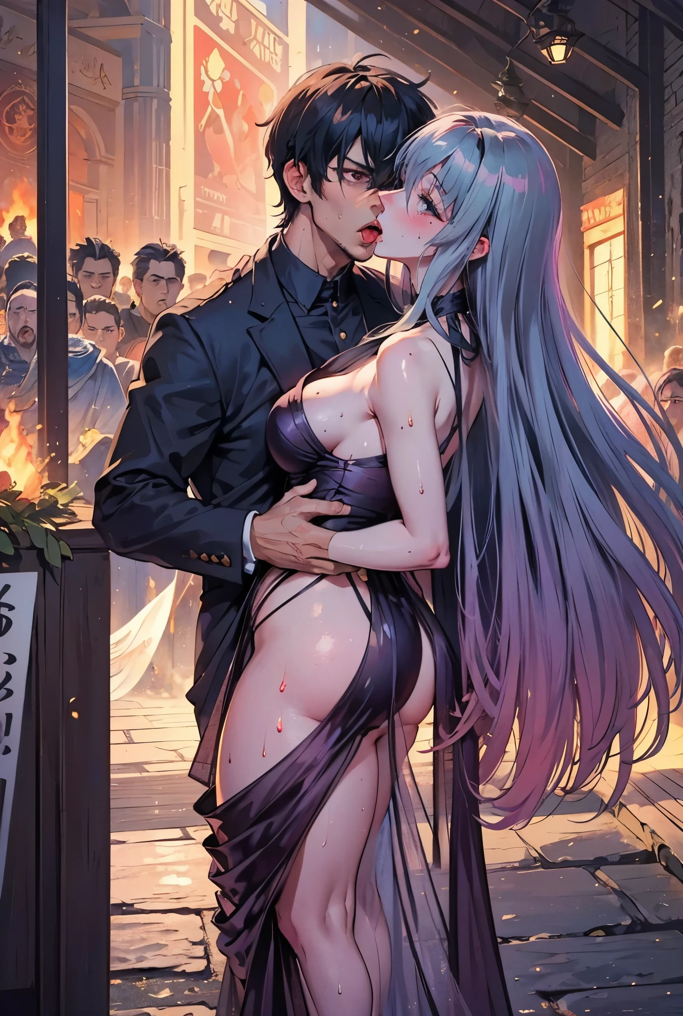 masterpiece, highest quality, High resolution, super detailed, perfect anatomy, detailed face, fine eyes, ((1 girl、1 boy)), a boy hugs a girl, hetero, (boy,grab from behind:1.5), silver hair, princess and knight, nsfw