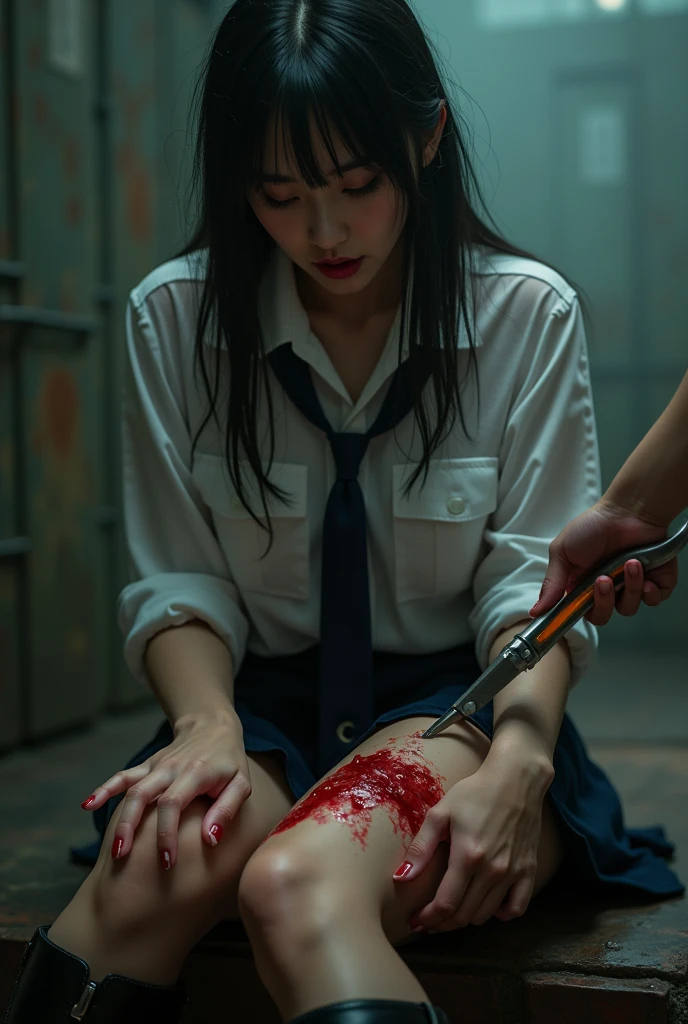 nsfw, vagina, (8k、Ultra-high resolution、Highest quality、Masseter muscle area、Photorealistic、Ultra-high resolution)(Small Tits、Quite small breasts、Beautiful ass:1.18)、Groin joint、(Always squat with your legs apart、Put your hands on your knees)、(Black hair twin tails:1.15)Japanese women、So cute、((((bottomless))))、((((The lower half is naked))))、White and striped panties hanging from one leg、Standing in the middle、Bow-legged、(((Pussy in full view)))、((((open vagina))))、((((Boobs fully exposed))))、(((Clear)))、meaty belly、Chubby belly、((((White loose socks))))、((((Brown leather shoes))))、(Outdoor Roads)、((((Low - Angle))))、sweat, perspired, drooling,drivel, ((((shiny_skin))))、Open mouth and drooling、Face turned away、Looking up to the sky、((((Composition seen from below))))、looking away、(((Nosebleeding、Blood from the mouth、Blood flowing from the neck、Decapitated、Behead、Wide-open eyes、Neck cross section、Her neck has been cut with a knife、Inside the pussy)))、(((A man wearing work clothes is seen cutting the woman's throat with a knife behind her、Male hand holding a knife、Male hand pulling hair)))