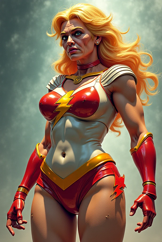 full body woman, blonde long wavy hair, blue eyes, red mouth tall muscular body. Red outfit. Warrior/superhero. standing straight, octane render photorealistic. Cutesy face. Wholesome expression. White background