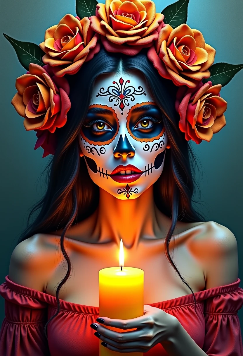 Create a woman with long dark brown hair and a chubby average, with brown skin dressed as a catrina and her face and body painted as a catrina and put the name Judith in white cursive letters in front anime style
