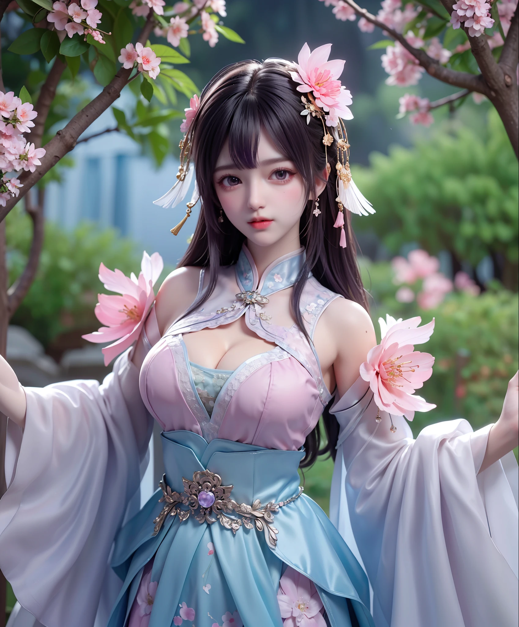 (8k, RAW photo:1.2), best quality, ultra high res,dramatic angle,(fluttered detailed color splashs), (illustration),(((1 girl))),(long hair),(rain:0.9), (Headdress:1.4),There is an ancient palace beside the girl,Hanfu,(Key Points),Color ink painting,(Splash of Color),Splash of Color,(((colorful))),(sketch:0.8) , Masterpiece, best quality, beautiful painted, highly detailed,(denoising:0.6),[splash ink],((ink refraction)), (beautiful detailed sky),moon,highly,detaild,(masterpiece, best quality, extremely detailed） CG Unity 8k Wallpaper，masterpiece，best quality，Ultra Detailed），（Lycoris）. hanfu open v open V-chested clothes Thin silk lace dress , (huge ，cleavage),, white pinkand gren，best qualtiy，tmasterpiece，Ultra-high resolution，（Reality：1.4），RAW photogr，（True skin texture：1.3），（filmgrain：1.3），（Selfie angle），1个Giant Breast Girl，Beautiful eye and face details，tmasterpiece，Best quality at best，，The chest more exposed， detailed hair, bra pink , detail 8k, upper body, lace petticoat