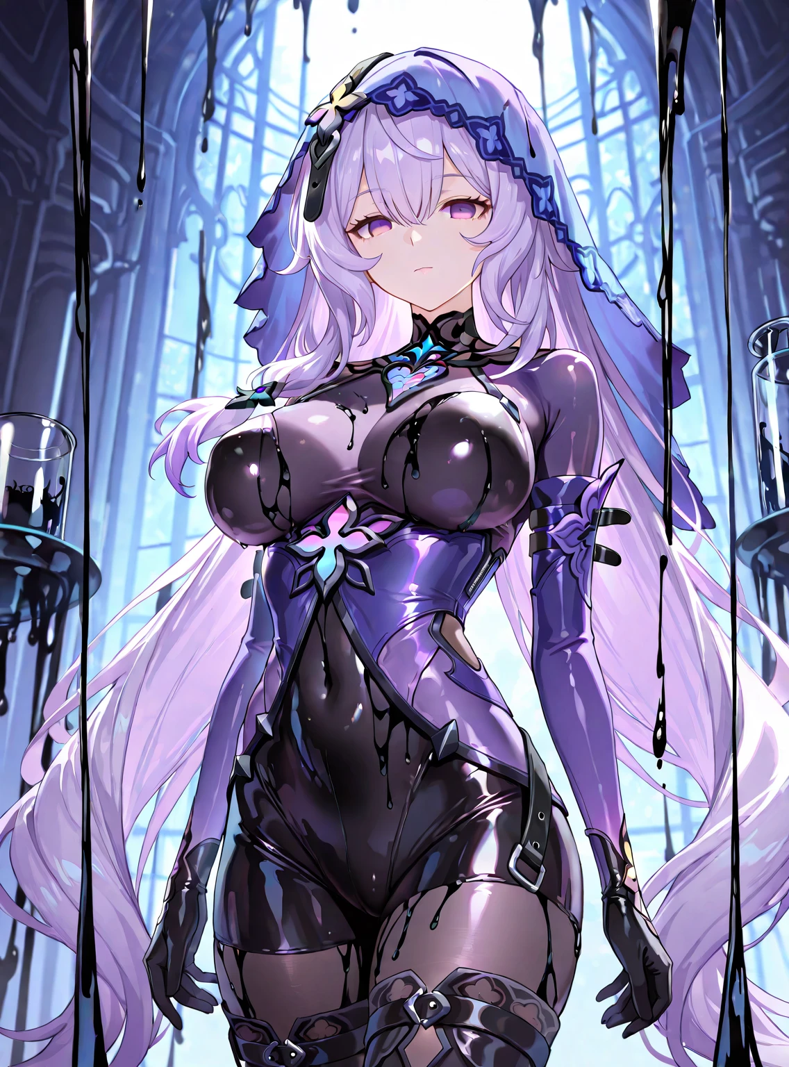 1girl,solo,full body,standing,(pink hair:1.2),short hair,hair over one eye,ribbon trim, hair ribbon, x hair ornament,(red eyes:1.2),(beautiful fingers:1.4),(perfect anatomy:1.4),(arms_behind_back:1.6),(cold_shoulder:1.2),(pure pink silk lace glossy lamé leotard:1.6),(latex luster shiny glossy metallic:1.6),(shiny_clothes:1.6),medium breasts,(masterpiece),best quality,(Ultra high definition eyes:1.2),8k,(Beautiful detailed eyes:1.2),(Fine and beautiful eyes:1.2),(pretty eyes:1.2),finely detail,extremely CG, absurdres,high resolution,illustration,Detailed and beautiful outlines,finely detail,high resolution,(colorful refraction:1.4,Increase saturation:1.2),beautiful lighting,dynamic lighting,closed room,black background,simple background, smile,looking at viewer,ram1,ram \(re:zero\), white thighhighs, maid headdress, garter straps, black ribbon, long sleeves, neck ribbon, purple ribbon, wide sleeves, hair flower,(white Clear PVC sheets sleeves:1.4),(sheer sleeves:1.4),(see-through sleeves:1.4),(wide sleeves:1.2),(pink thigh boots)