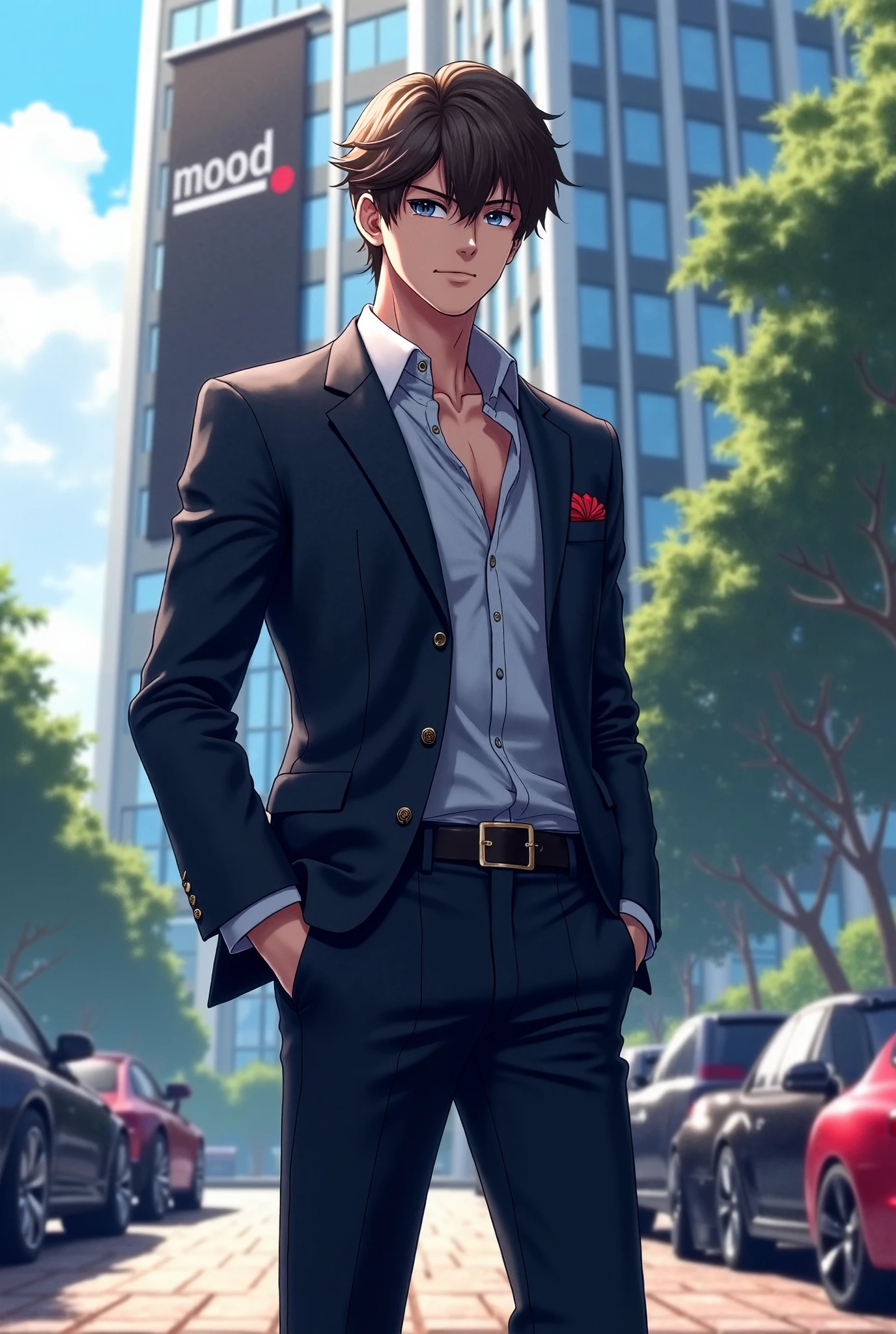 Anime man in a suit standing in front of a tall building - SeaArt AI